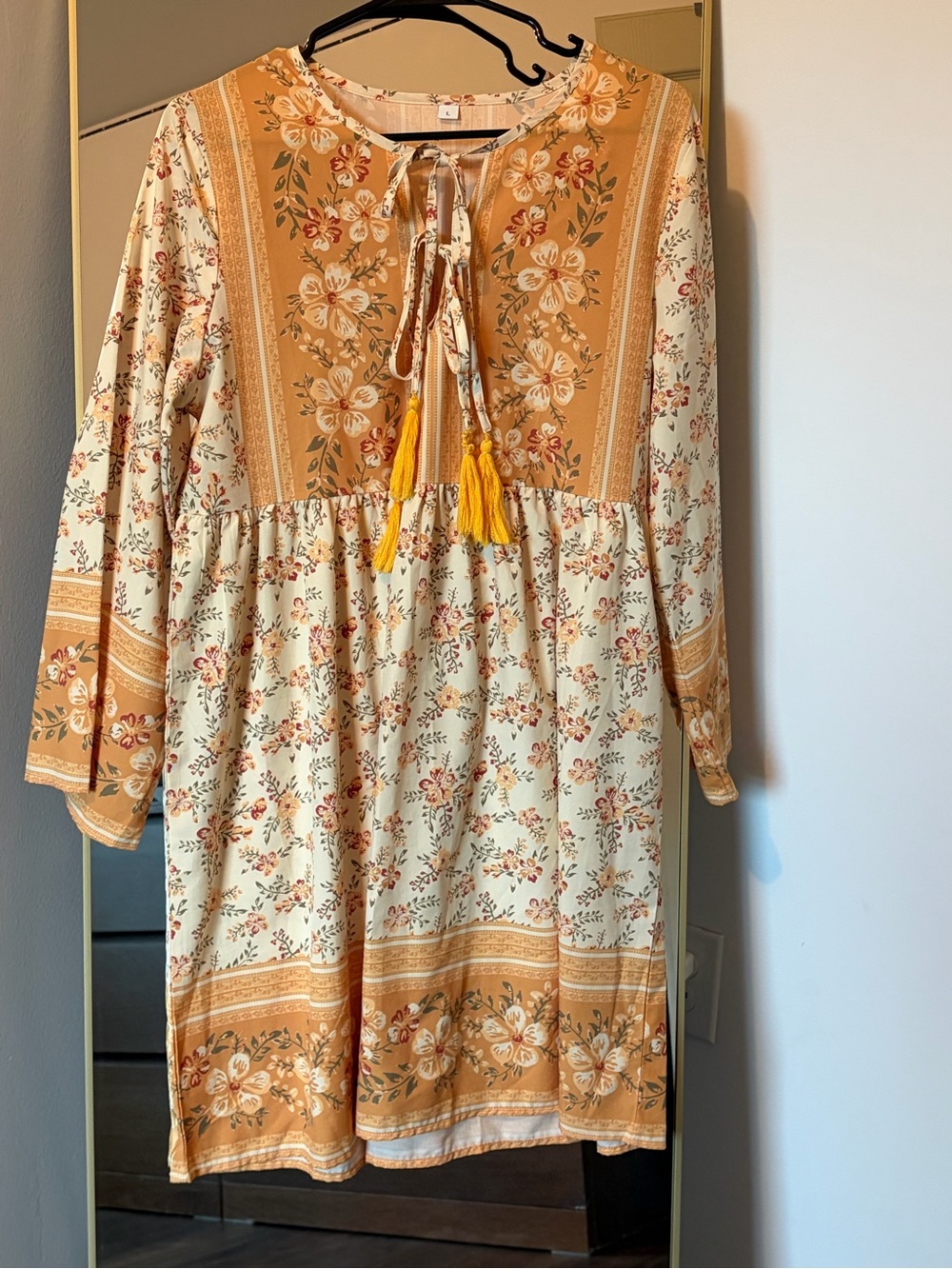 Boho Floral Tassel Tie Tunic Dress in Mustard & Cream